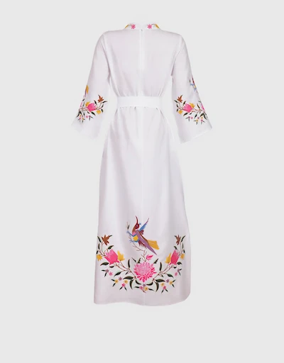 Asia Linen Floral Embroidery Maxi Dress-White