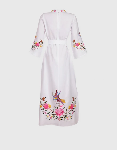 Asia 亞麻花卉刺繡長洋裝-White