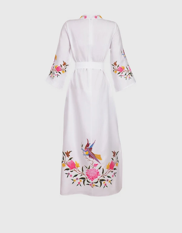 Fanm Mon Asia Linen Floral Embroidery Maxi Dress-White