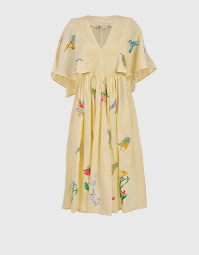 Afyon Linen Birds Embroidery V Neck Midi Dress-Light Yellow