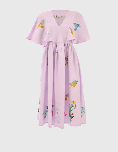 Afyon Linen Birds Embroidery V Neck Midi Dress-Lilac