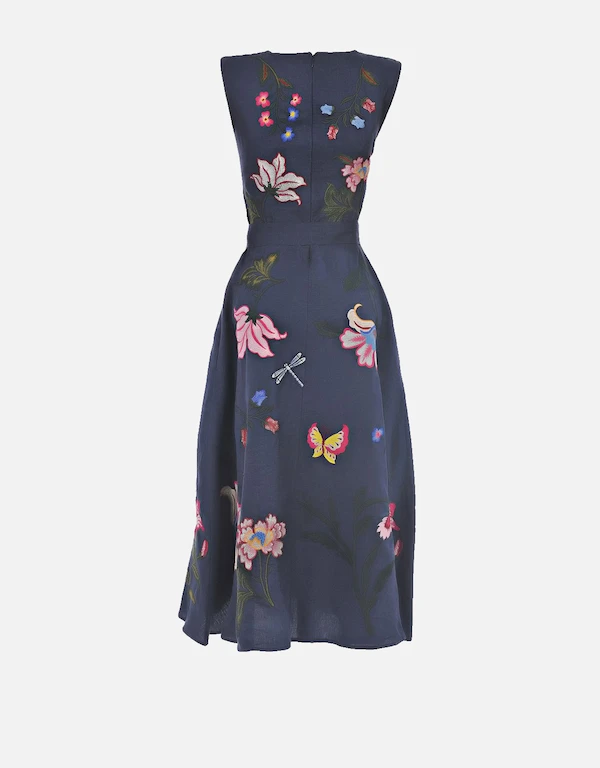 Fanm Mon Gloriosa Linen Floral Embroidery Sleeveless A Line Midi Dress-Indigo Blue