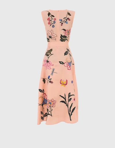Gloriosa Linen Floral Embroidery Sleeveless A Line Midi Dress-Peach