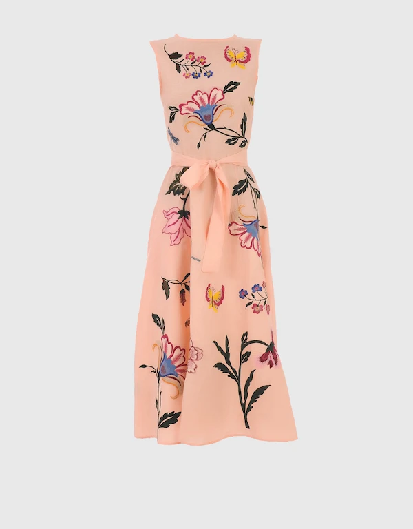 Fanm Mon Gloriosa Linen Floral Embroidery Sleeveless A Line Midi Dress-Peach