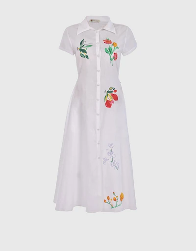 Jun 亞麻花卉刺繡中長襯衫式洋裝-White