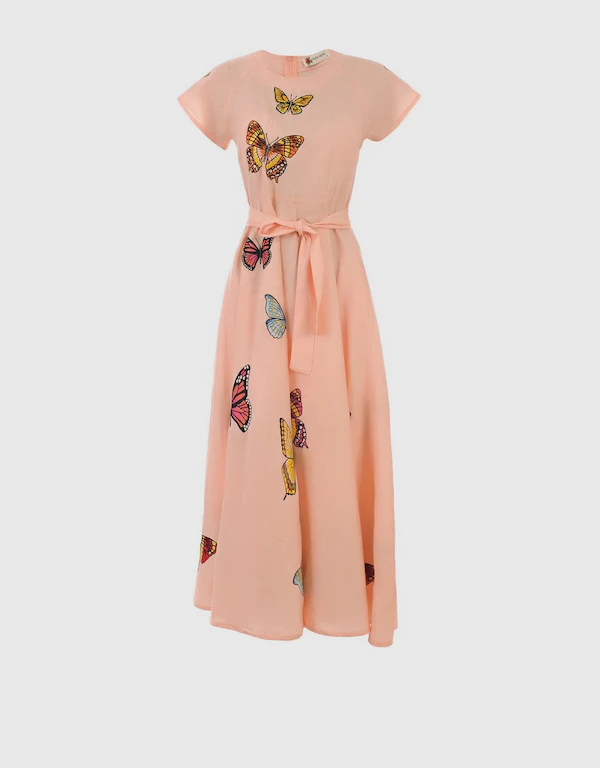 Fanm Mon Papiyon Linen Butterfly Embroidery Maxi Dress-Peach