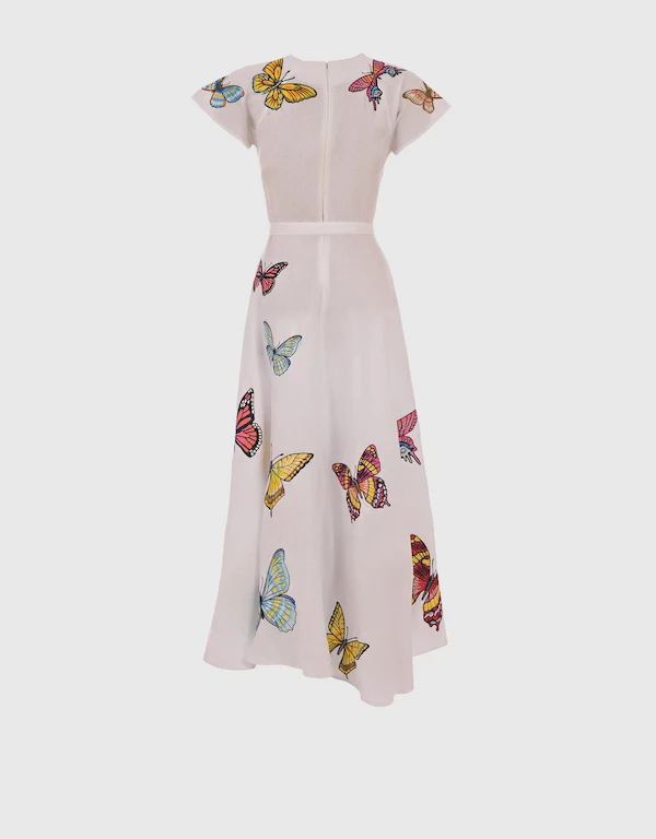 Fanm Mon Papiyon Linen Butterfly Embroidery Maxi Dress-White