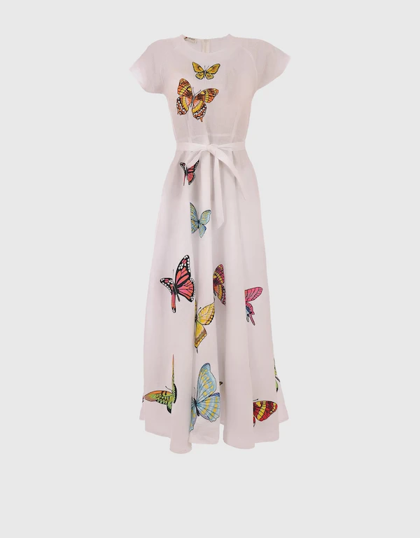 Fanm Mon Papiyon Linen Butterfly Embroidery Maxi Dress-White