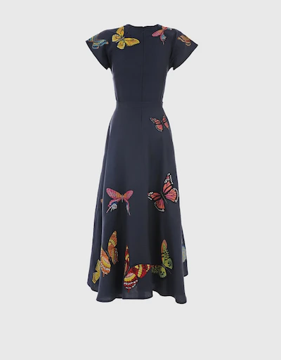 Papiyon Linen Butterfly Embroidery Maxi Dress-Indigo Blue