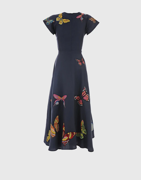 Fanm Mon Papiyon Linen Butterfly Embroidery Maxi Dress-Indigo Blue