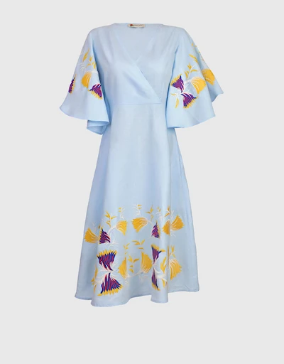 Zawazo Linen Embroidery Wrap V Neck Midi  Dress-Lagoon Blue