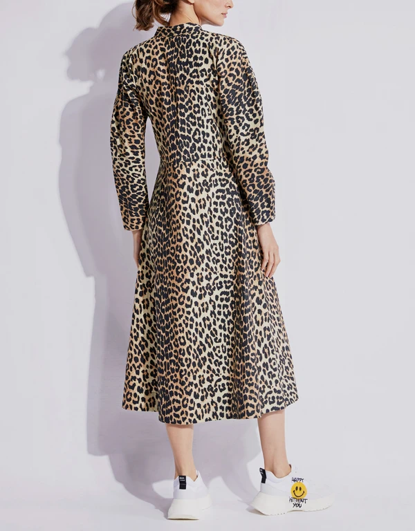 Leopard Cotton Poplin High Neck Midi Dress