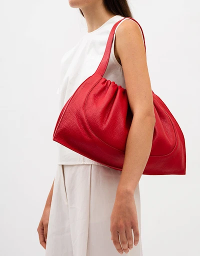 Ana Large Pebble Leather Ruched Flat Tote Shoulder Bag-Red