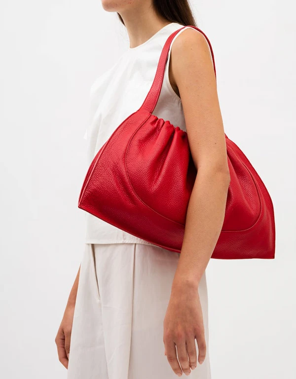 Behno Ana Large Pebble Leather Ruched Flat Tote Shoulder Bag-Red