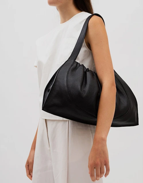 Ana Large Pebble Leather Ruched Flat Tote Shoulder Bag-Black