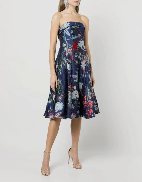 Strapless Floral Tea Length Gown