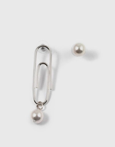 Asymmetrical Pearl and Giant Paperclip Earrings