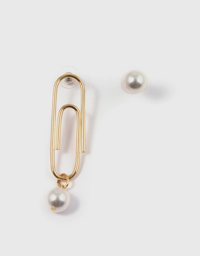 Asymmetrical Pearl and Giant Paperclip Earrings