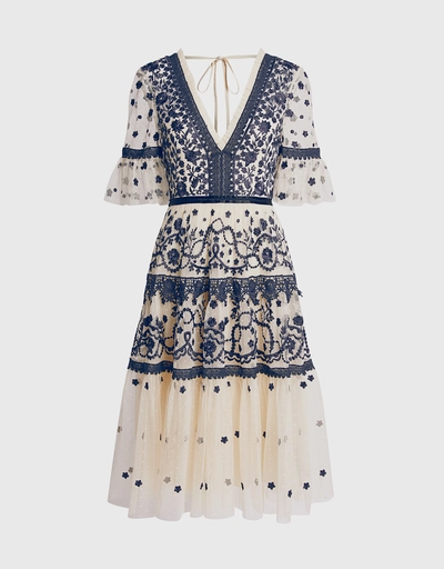 Midsummer V-neck Floral Lace Knee Length Dress