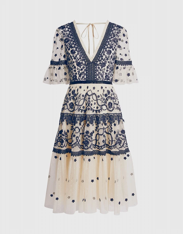 Needle & Thread Midsummer V-neck Floral Lace Knee Length Dress