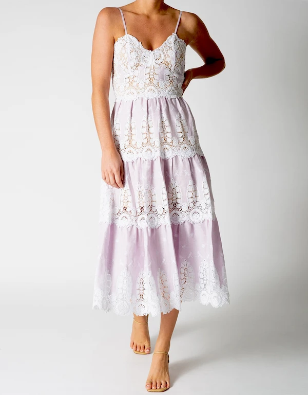 Miguelina Lotte Dragonfly Embroidered Linen Midi Dress