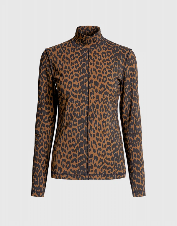 Ganni Leopard Roll Neck Stretch Fitted Top