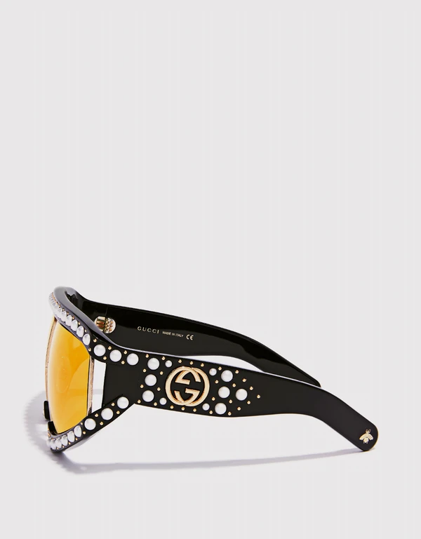 Gucci 珍珠鏡面大型方框太陽眼鏡