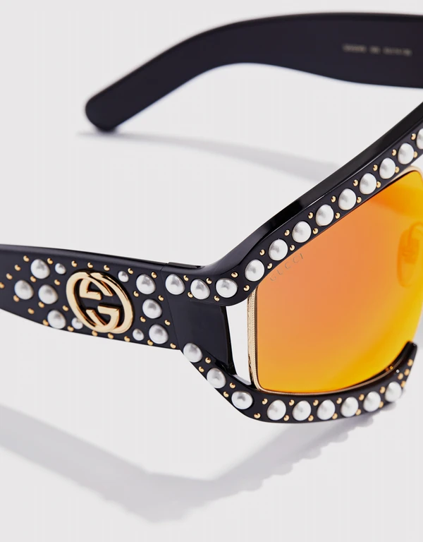 Gucci 珍珠鏡面大型方框太陽眼鏡