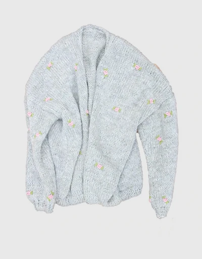 Winter Bloom 粉與綠色刺繡純棉手工針織開襟衫-Grey
