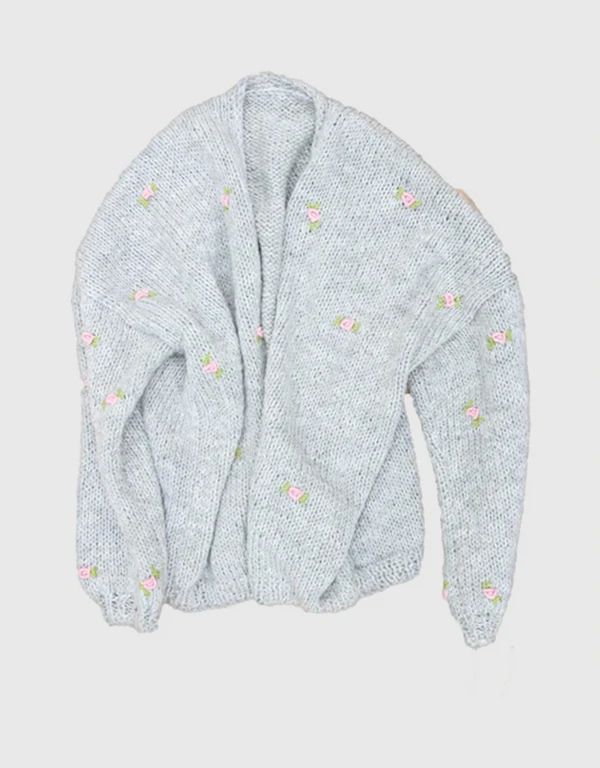 Winter Bloom Pink Green Embroidered Cotton Hand Knitted Cardigan-Grey
