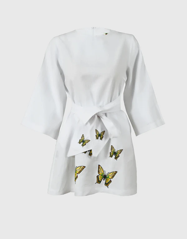 Fanm Mon Flutter Linen Butterfly Embroidery Mini Dress-White