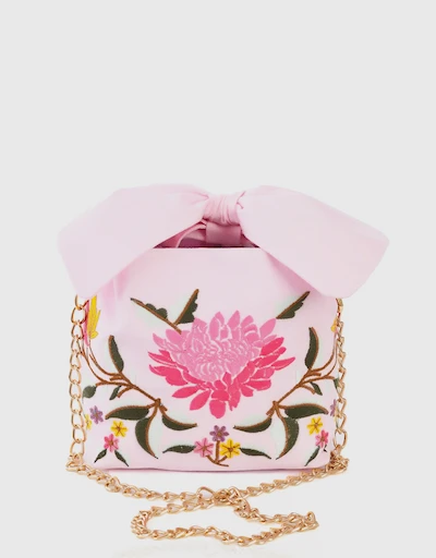 Flower Embroidery Linen Pouchette Bag-Light Pink
