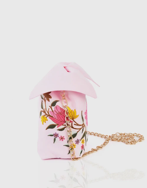 Flower Embroidery Linen Pouchette Bag-Light Pink