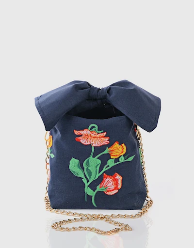 Flower Embroidery Linen Pouchette Bag-Navy