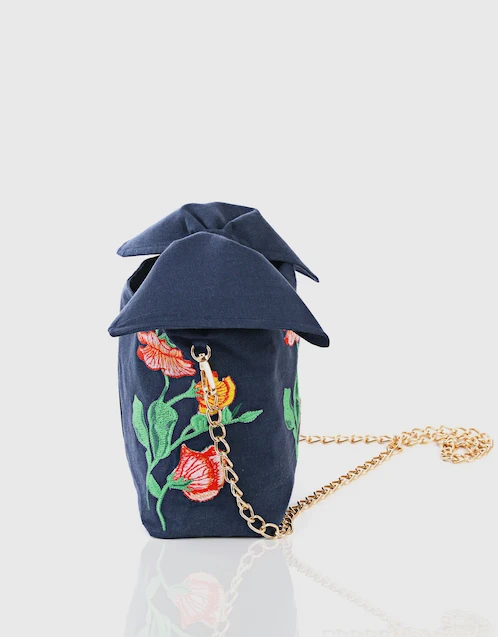 Flower Embroidery Linen Pouchette Bag-Navy
