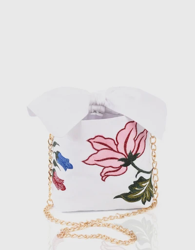 Flower Embroidery Linen Pouchette Bag-White