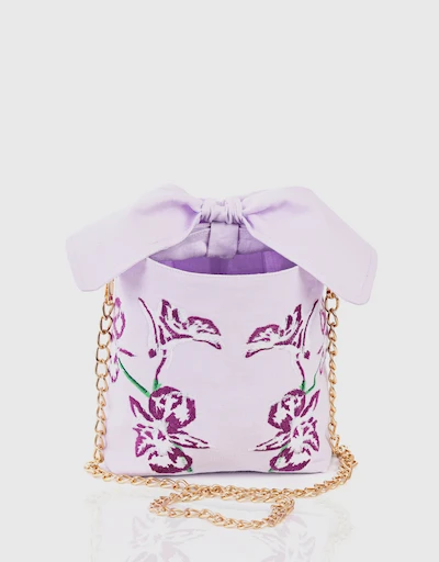 花卉刺繡亞麻小手袋-Lilac