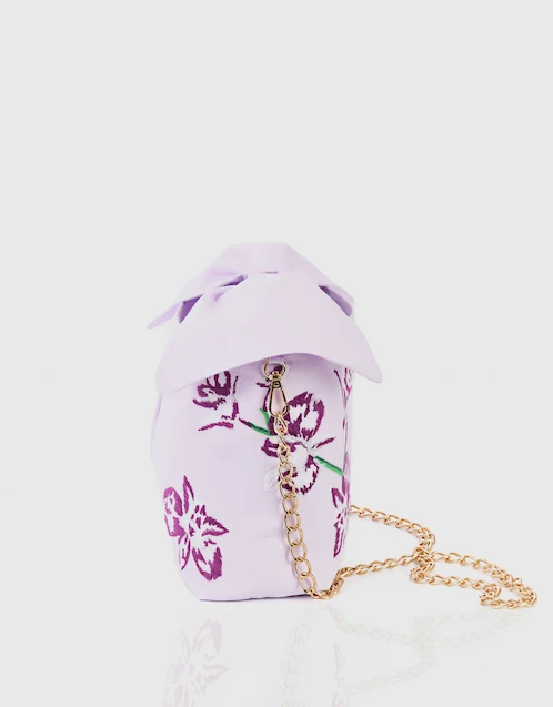 Flower Embroidery Linen Pouchette Bag-Lilac