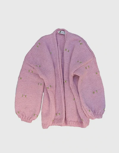 Winter Bloom 粉與綠色刺繡羊毛手工針織開襟衫-Powder Pink