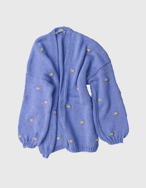 Winter Bloom Pink Green Embroidered Wool Hand Knitted Cardigan-Blue Lilac