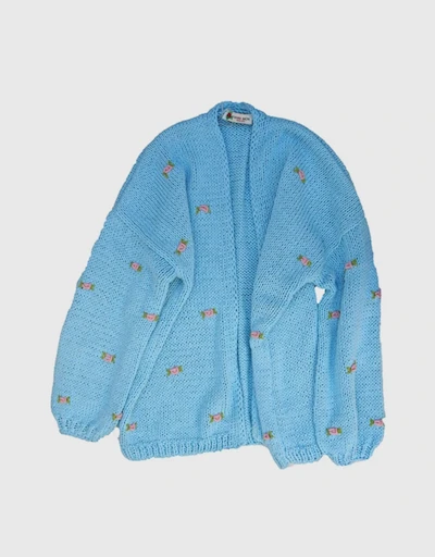 Winter Bloom 粉與綠色刺繡純棉手工針織開襟衫-Baby Blue