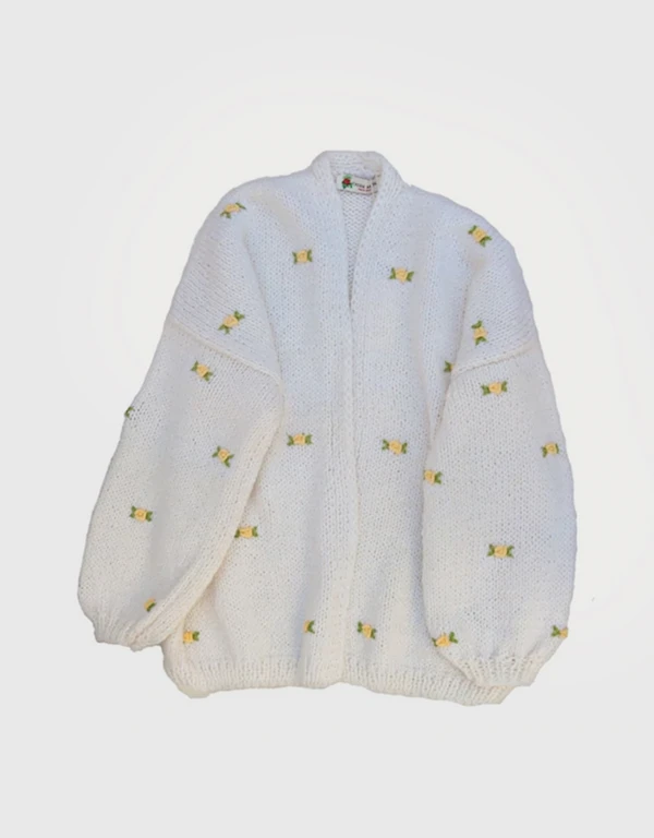 Winter Bloom Yellow Green Embroidery Cotton Hand Knitted Cardigan-Off White