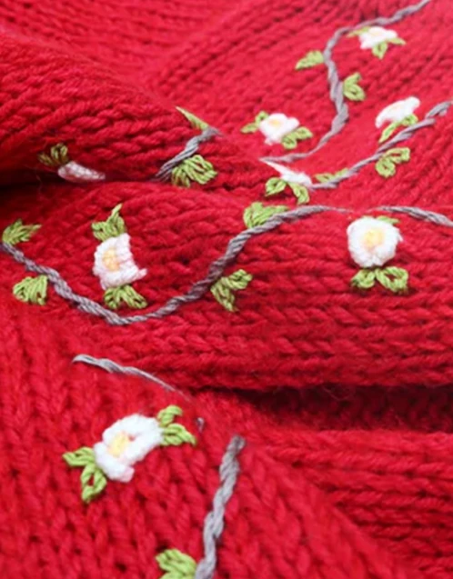Jasmine Bloom 白綠黃色刺繡羊毛手工針織開襟衫-Red