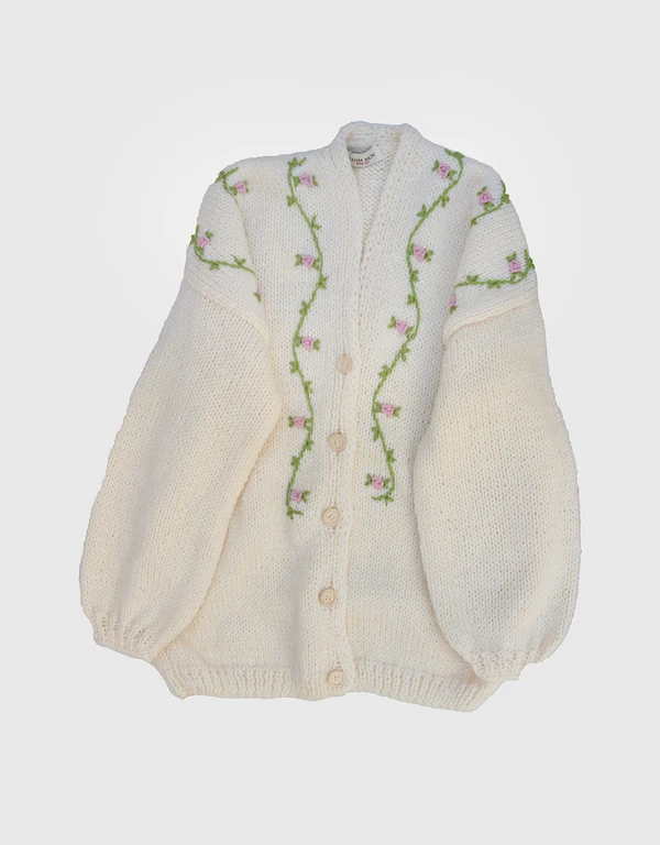 Fanm Mon Jasmine Bloom White Green Yellow Embroidery Wool Hand Knitted Button Cardigan-Cream