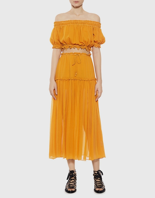 self portrait orange off shoulder pleated chiffon dress Customized Off-shoulder Georgette Prom Dresses for Women Pleated A Line    with Slit Ruching Prom Gown