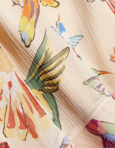 Hummingbird Animal-print Ruffle Silk Blouse
