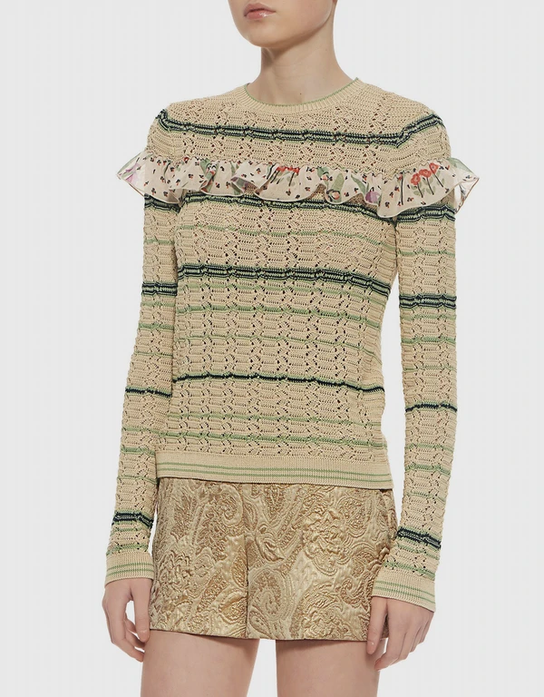 Red Valentino Floral Ruffle Detail Striped Sweater 