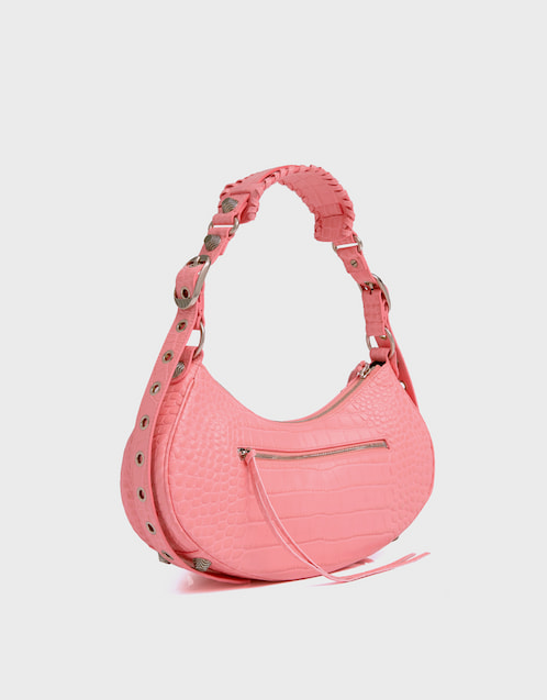 LE CAGOLE SMALL SHOULDER BAG 26 WITH RHINESTONES IN DEEP PINK CROCODILE EMBOSSED CALFSKIN