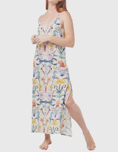 Frida Printed Maxi Slip Dress-Seahorses and Friends Ecru