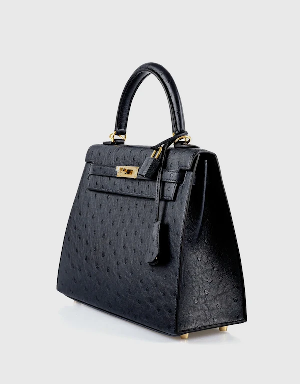 Hermès Kelly 25 Ostrich Leather Handbag-Noir Gold Hardware